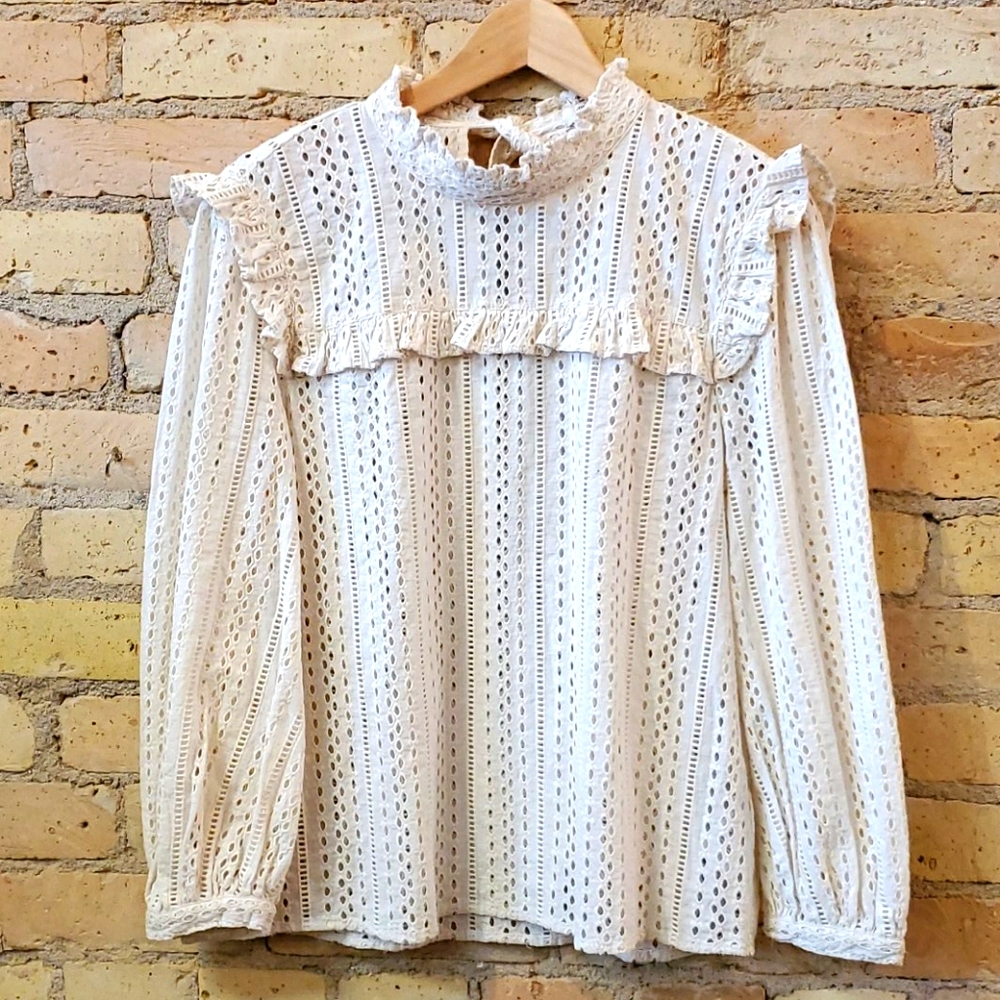 Madewell Eyelet Mockneck Ivory Ruffle Top